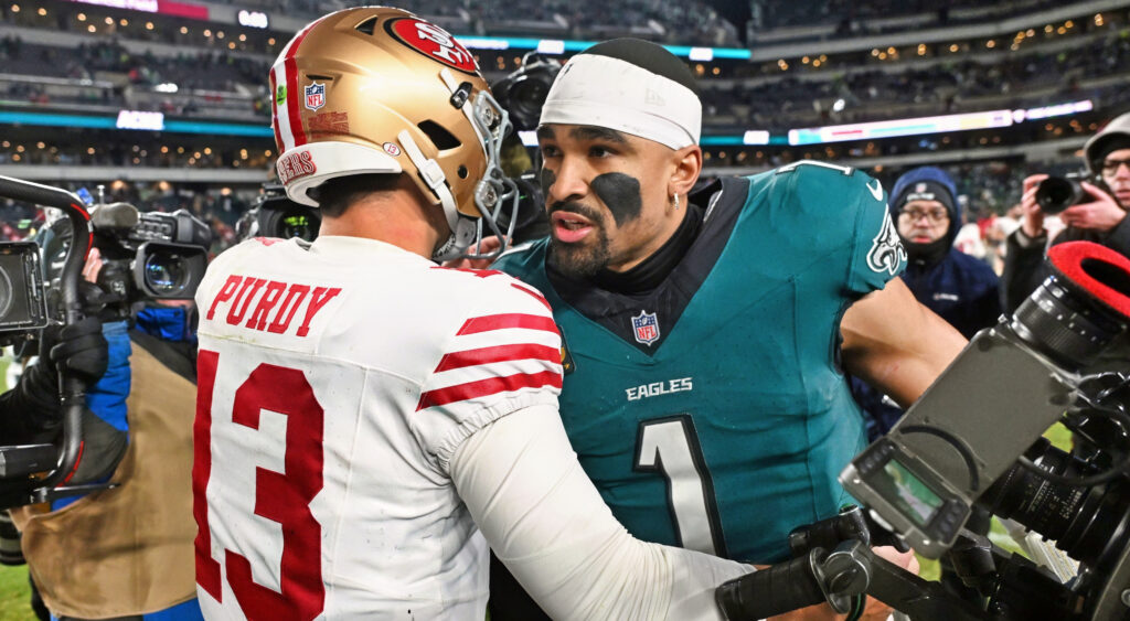 Jalen Hurts and Brock Purdy after a game.