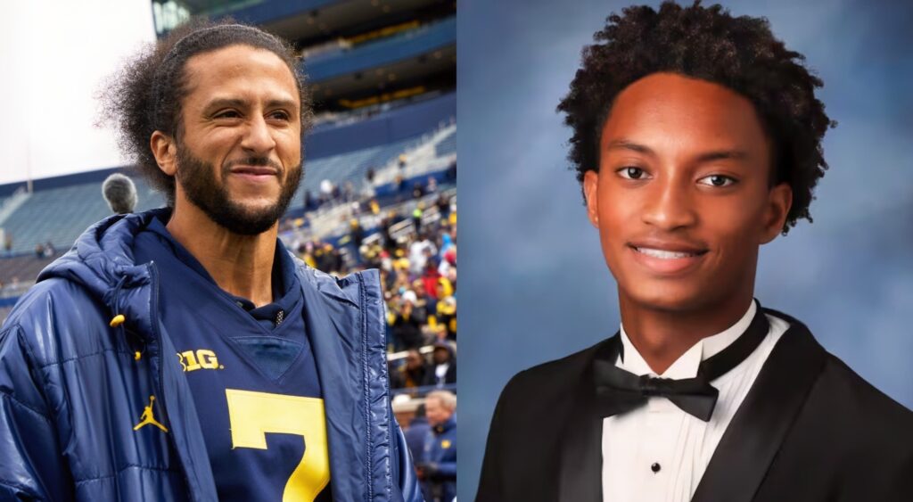 Colin Kaepernick in Michigan gear and Nolan Wells smiling in a suit.