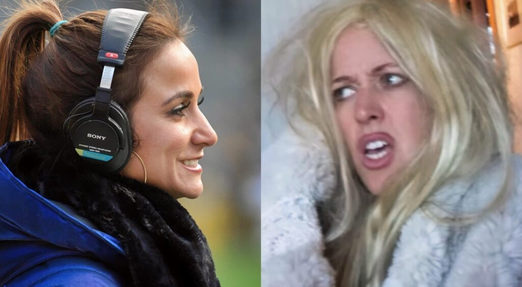 Split image of Dianna Russini and fake Brittany Mahomes