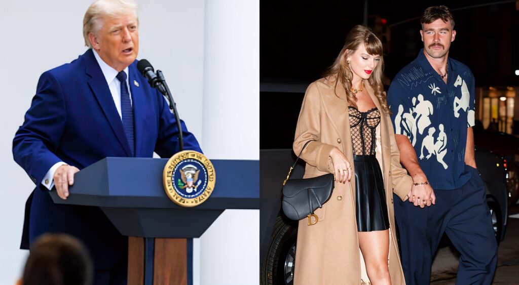 Split image showing Donald Trump, Travis Kelce with Taylor Swift