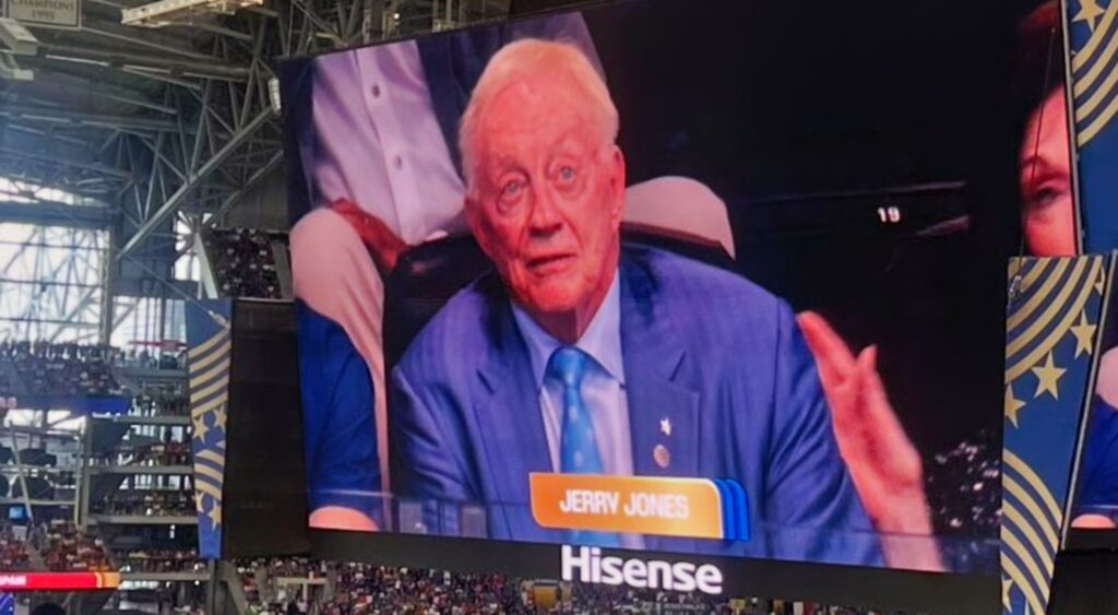 Jerry Jones in his seat.