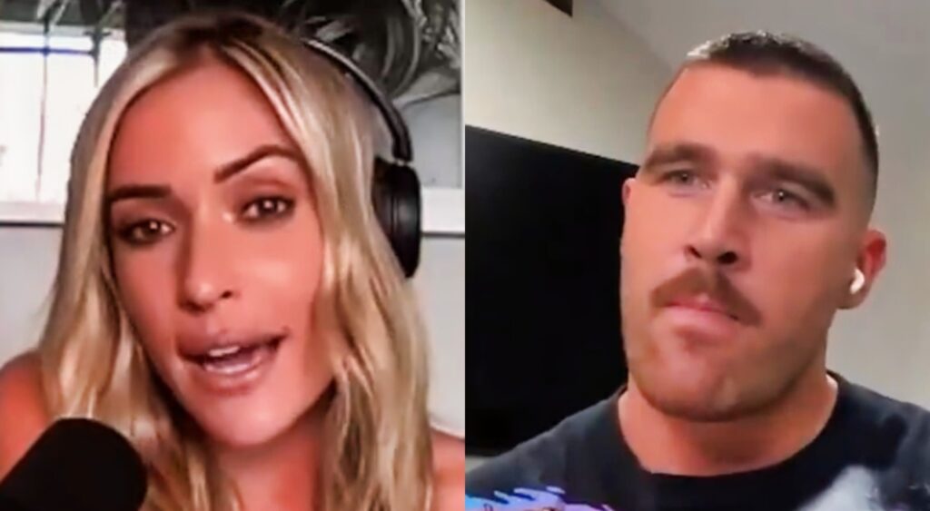 Kristin Cavallari and Travis Kelce on a podcast together.