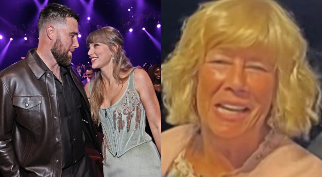 Split image of Travis Kelce with Taylor Sift & Taylor Swift's aunt