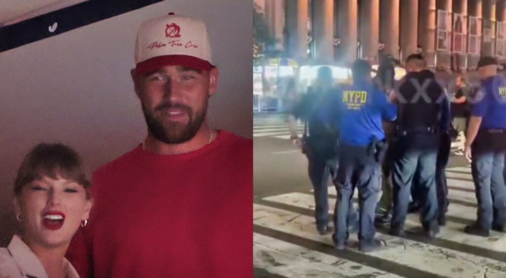 Travis Kelce, Taylor Swift looking out to the field and the NYPD on the streets.