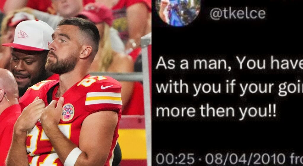 Travis Kelce in uniform and old tweets.