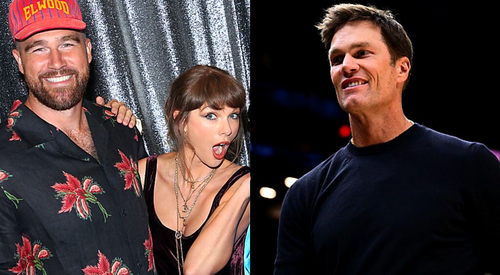 Split image showing Travis Kelce and Taylor Swift, Tom Brady