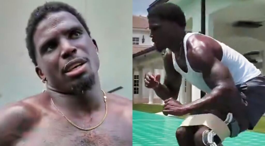 Tyreek Hill shirtless and doing exercises.