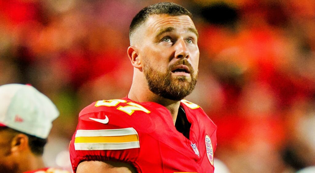 Travis Kelce looking up.