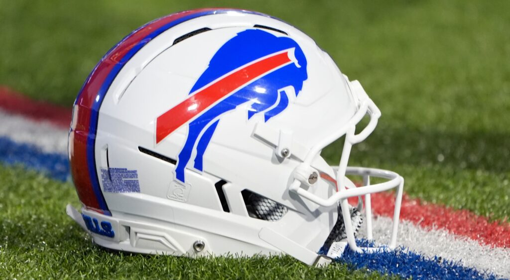 Buffalo Bills helmet on the grass.