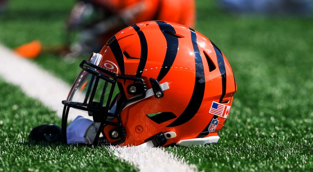 Bengals helmet on the field.