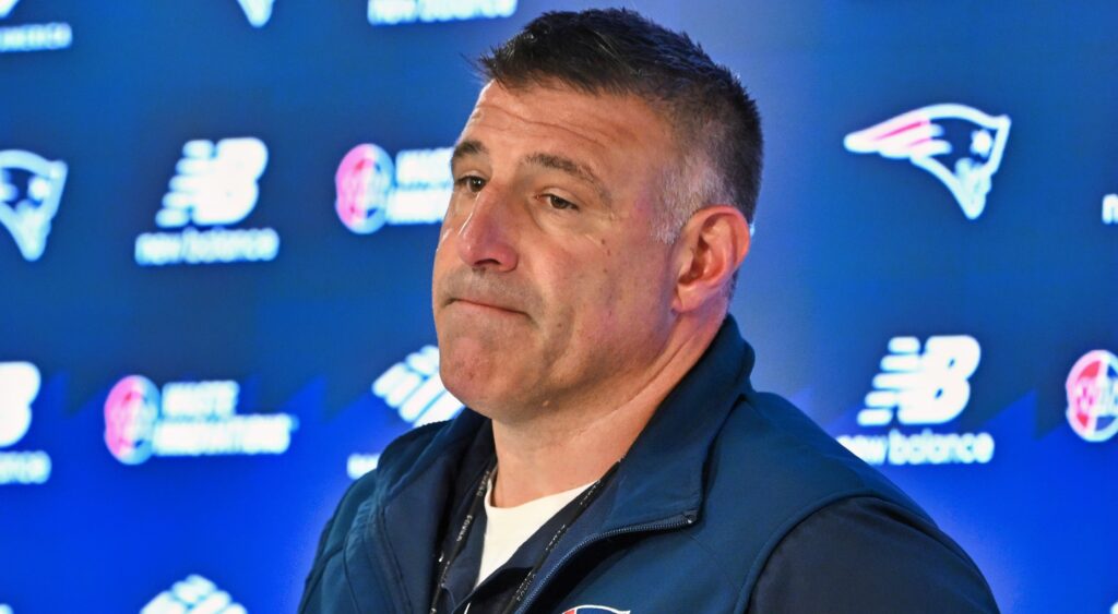 Mike Vrabel speaking to reporters.
