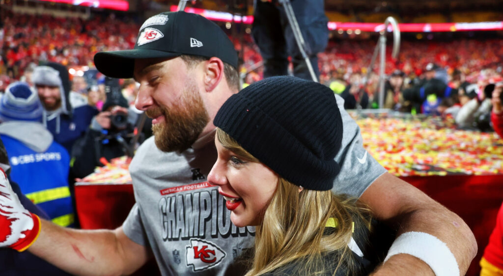 Taylor Swift and Travis Kelce after a game.