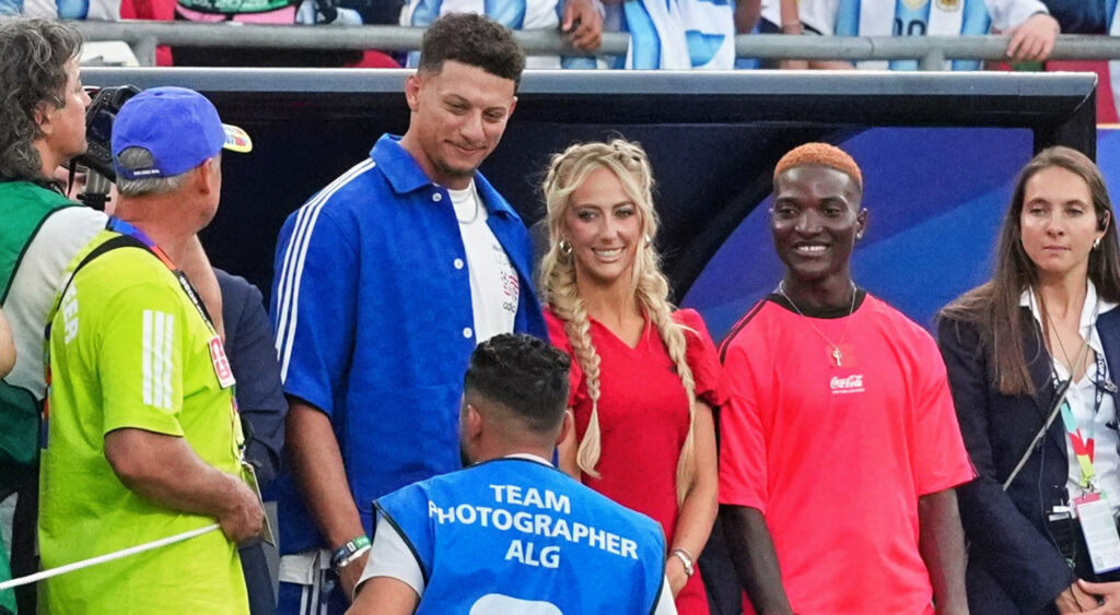 Patrick and Brittany Mahomes at a FIFA World Cup game.