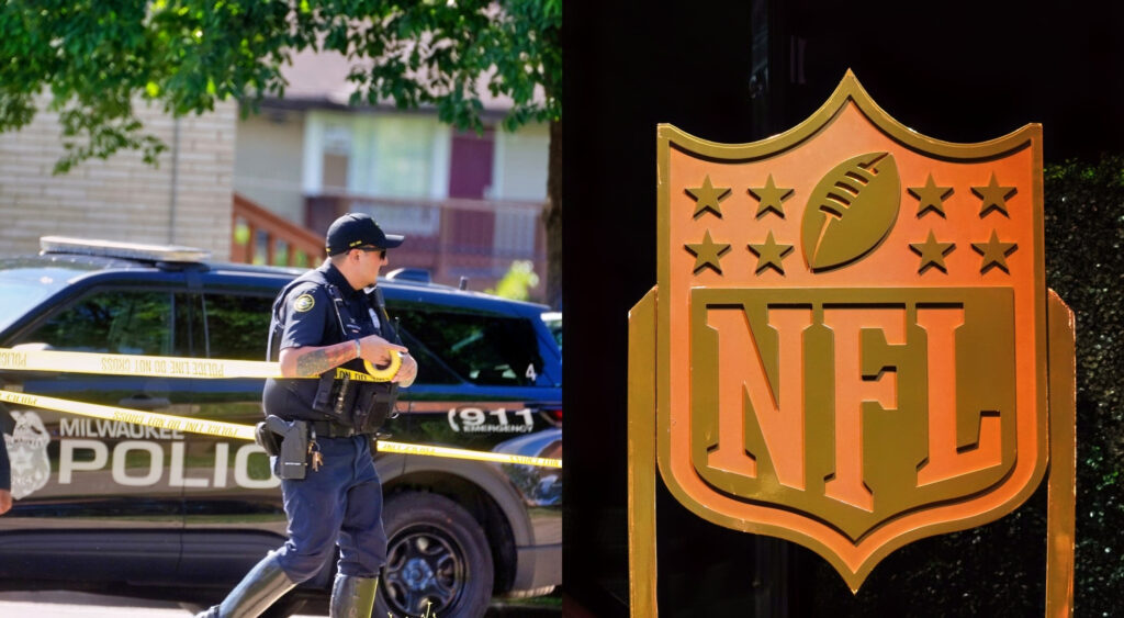 Police tape and the NFL logo.