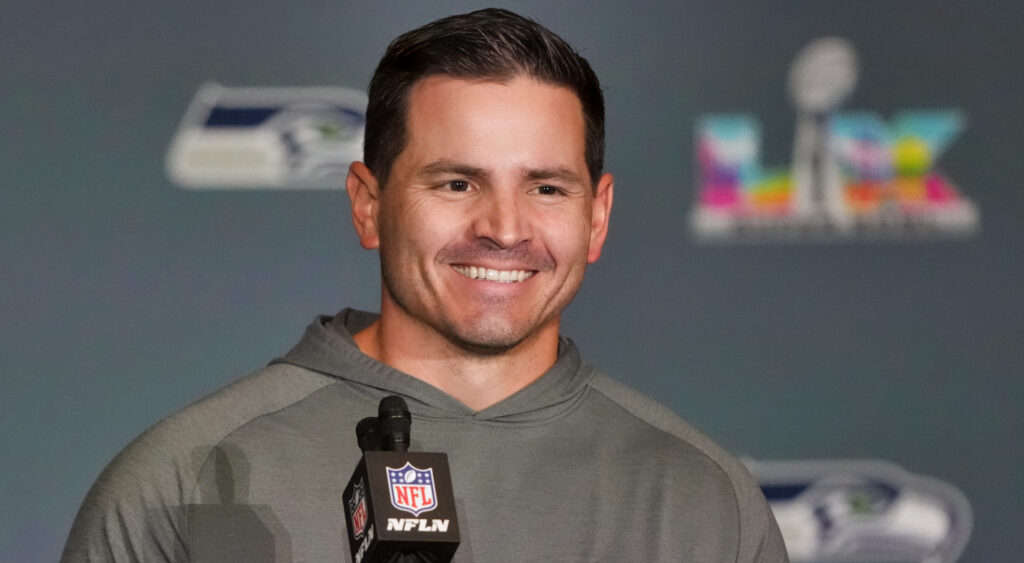 Mike Macdonald at a Super Bowl press conference.