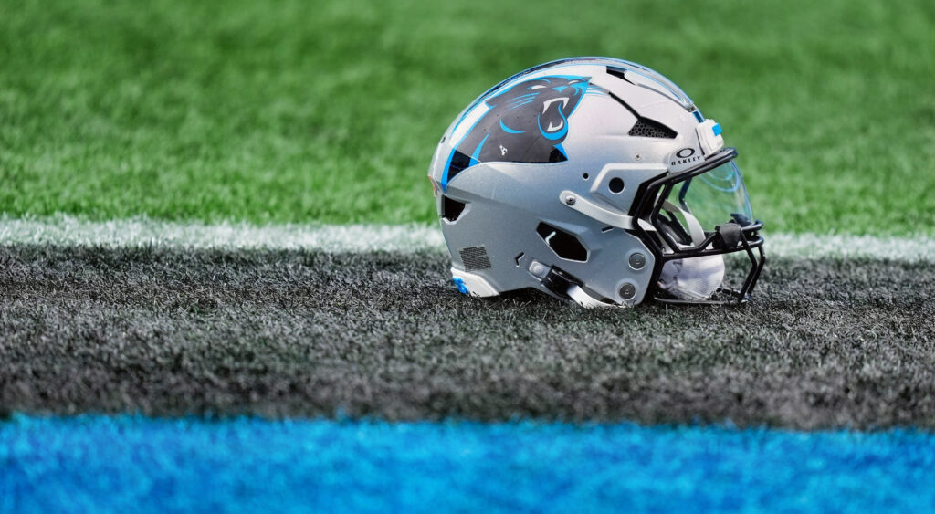 A Carolina Panthers helmet on the field.