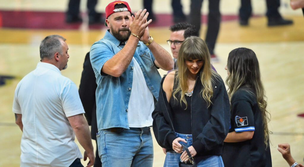 Travis Kelce and Taylor Swift at an NBA game.